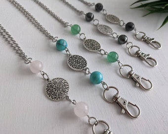 Genuine Crystal Necklace Lanyard, Gemstone ID Holder with a Mandala Connector, Gift for Coworker, Nurse, Teacher