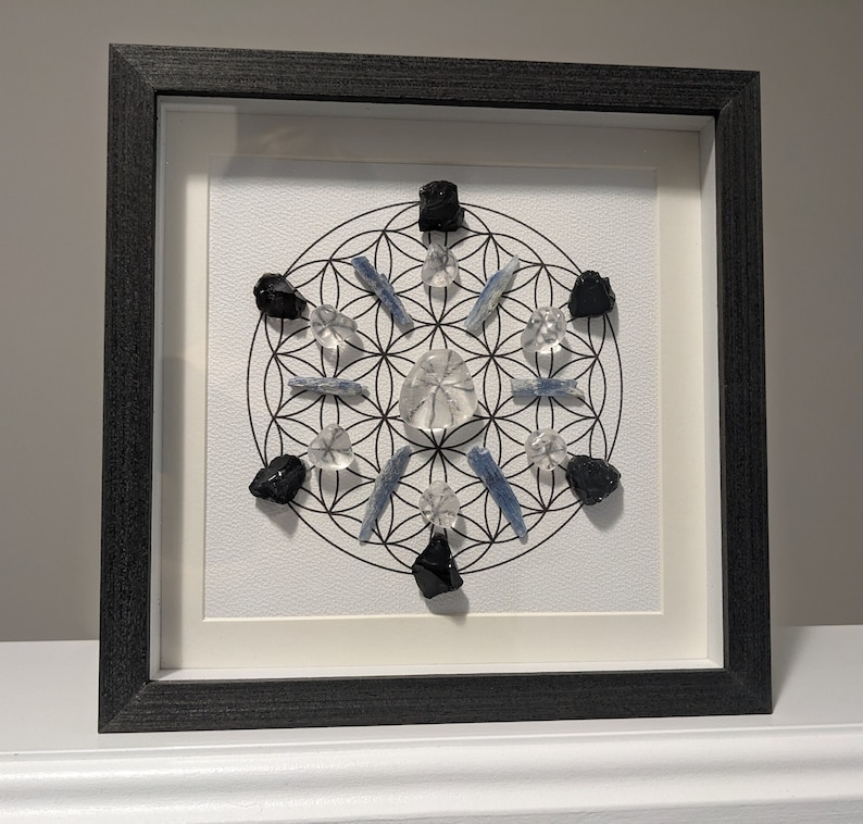 Home Protection Crystal Grid Interior Decor, Flower of Life Sacred Geometry, 8.75x 8.75 Framed Crystal Art, Reiki Infused Stones image 3
