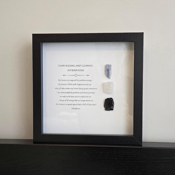 House Blessing and Clearing Affirmations, Crystal Art, Raw Stones in 8.75"x 8.75" Black Wood Frame, Reiki Infused Stones, New Home Gift