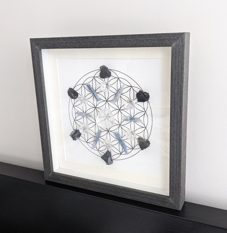Home Protection Crystal Grid Interior Decor, Flower of Life Sacred Geometry, 8.75x 8.75 Framed Crystal Art, Reiki Infused Stones image 5