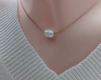 Freshwater Pearl Dainty Choker Necklace, Rose Gold with Sterling Silver Chain, Minimalist Style, Gift for Her