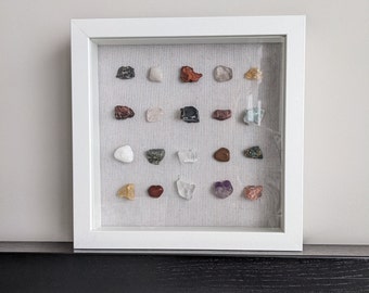 Crystal and Mineral Collection in Wood Shadow Box, Framed Crystal Art, 20 Reiki Infused Raw and Tumbled Stones