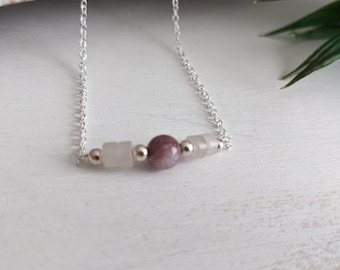 Love and Harmony Crystal Necklace, Rhodonite and Rose Quartz Stone Beads, 925 sterling Silver Manifestation Jewelry, Infused with Reiki