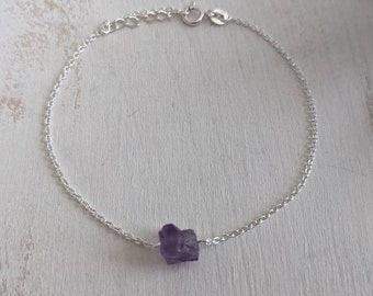 925 Sterling Silver Amethyst Rough Stone Bracelet, Genuine Crystal Jewelry, Handmade in Canada