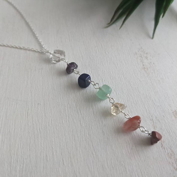 7 Chakra Crystal Necklace, Sterling Silver Reiki infused gemstone jewelry, meditation, yoga jewelry