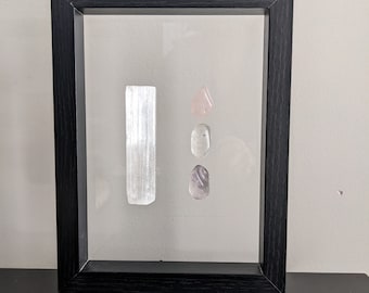 Peace and Harmony Shadow Box Floating Interior Decor, Genuine Tumbled Crystals, 6"x8" Frame, Modern Crystal Grid Art Powered by Reiki