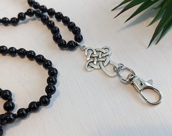 Black Onyx Crystal Beaded Lanyard with a Celtic Knot Symbol Connector, Protection Stone ID holder Infused with Reiki, Nurse Teacher ECE Gift