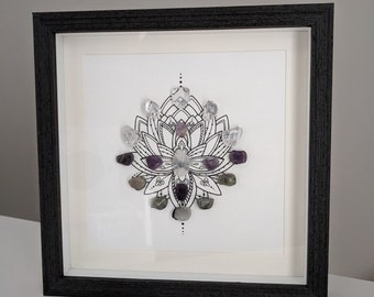 AWAKENING Crystal Grid Interior Decor, Lotus Flower Mandala, 8.75"x 8.75" Framed Crystal Art, Reiki Infused Tumbled Stones
