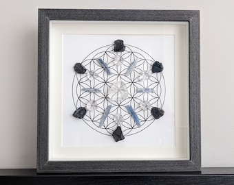 Home Protection Crystal Grid Interior Decor, Flower of Life Sacred Geometry, 8.75"x 8.75" Framed Crystal Art, Reiki Infused Stones