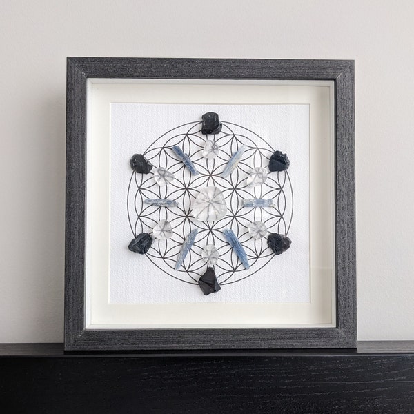 Home Protection Crystal Grid Interior Decor, Flower of Life Sacred Geometry, 8.75"x 8.75" Framed Crystal Art, Reiki Infused Stones