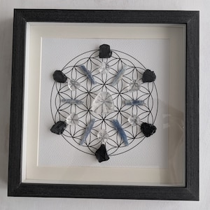 Home Protection Crystal Grid Interior Decor, Flower of Life Sacred Geometry, 8.75x 8.75 Framed Crystal Art, Reiki Infused Stones image 2