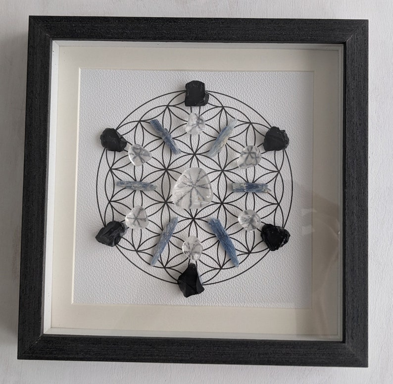 Home Protection Crystal Grid Interior Decor, Flower of Life Sacred Geometry, 8.75x 8.75 Framed Crystal Art, Reiki Infused Stones image 2