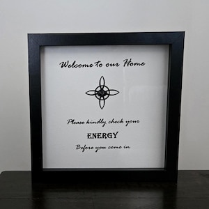 Welcome to our Home Sign with Raw Black Obsidian Crystal, 8.75"x 8.75" Shadowbox Art, Reiki Infused Obsidian Wicca Home Protection Gift