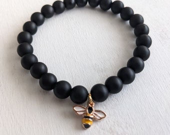 Black Obsidian Bracelet with a Bee Charm, Handmade Jewelry Infused with Reiki, Unique and meaningful Gift