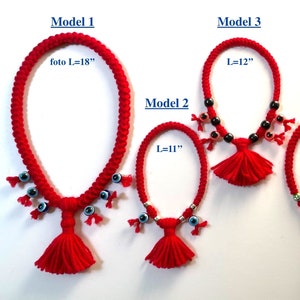 May include: Four red string bracelets with evil eye charms and tassels. The bracelets are different lengths: 18 inches, 12 inches, 11 inches, and 12 inches.