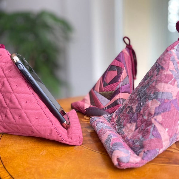 Phone & Tablet stand. Cellphone holder. Quilted Pillow phone stand. Patchwork. IPad holder. Gadget pillow.