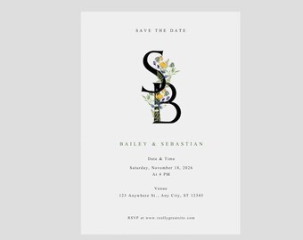 Grey Minimalist Floral Wedding Invitations| Digital Download| Personalise| Recieve Within an Hour