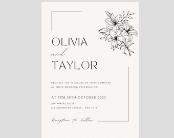 Beige Elegant Floral Wedding Invitations| Digital Download| Personalise| Recieve Within an Hour