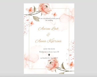 Peachy Pink Floral Wedding Invitations| Digital Download| Personal Recieve within an hour|