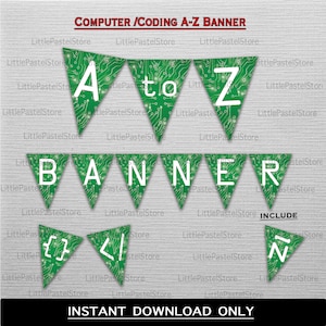 Może przedstawiać: Zielono-biała baner do wydrukowania z wzorem płytki drukowanej. Baner zawiera napis "A do Z BANNER" i zawiera litery "{ } < >" oraz "Z".