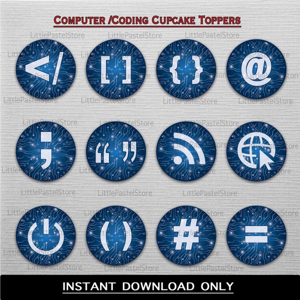 Computer Theme cupcake toppers, Coding Theme Party Cupcake Toppers, Programmer Theme party, Geek Party, INSTANT DOWNLOAD