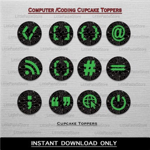 Computer Theme cupcake toppers, Coding Theme Party Cupcake Toppers, Programmer Theme party, Geek Party, INSTANT DOWNLOAD