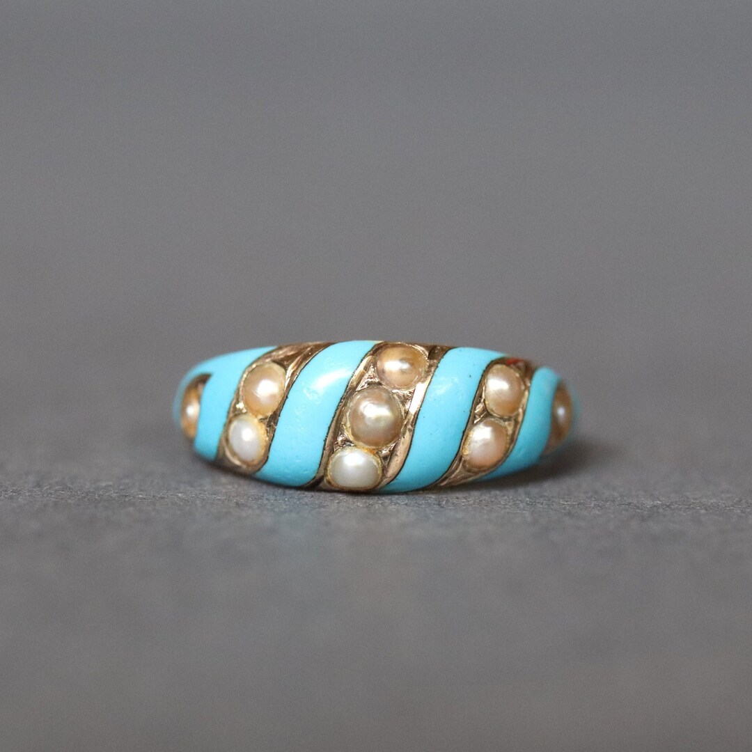 Antique Blue Enamel Ribbon Ring With Pearls in 15ct Gold - Etsy