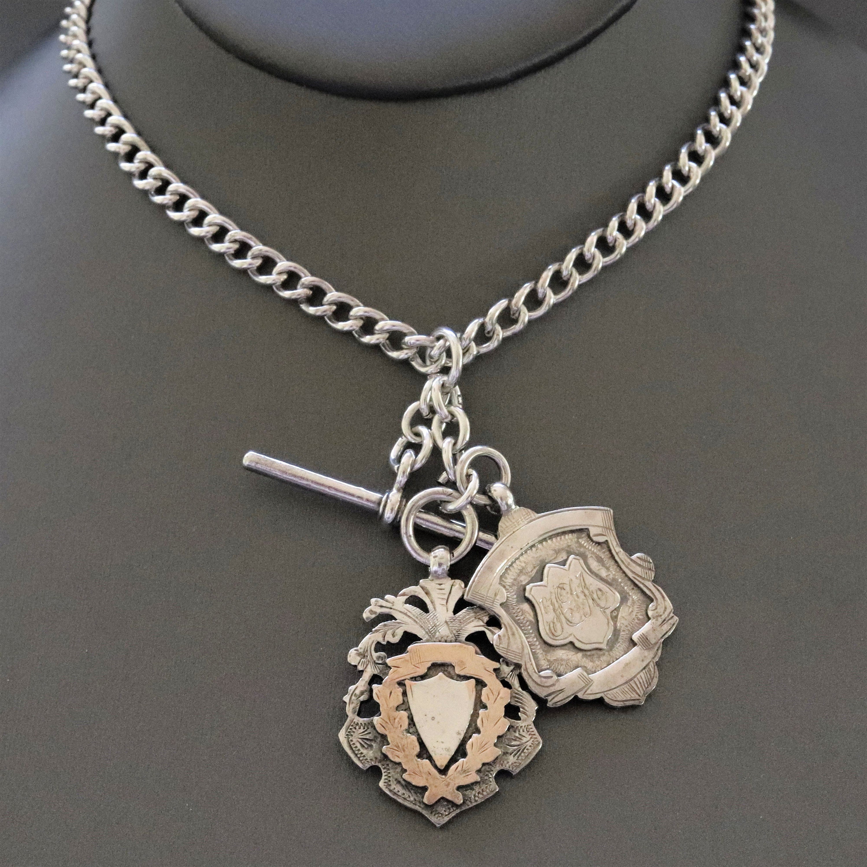 Antique Curb Link Watch Chain Necklace in Sterling Silver With