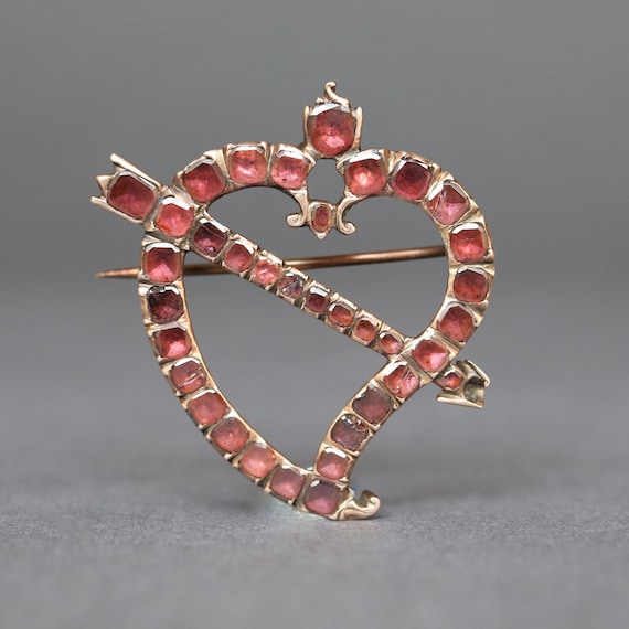 Antique Georgian Era Witch's Heart and Arrow Brooch With Garnets