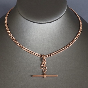 Antique Albert curb link watch chain in 9ct gold with floating T-bar fob & double dog clips (14.5&quot;)