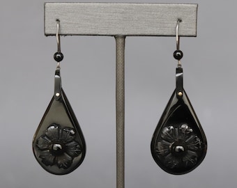 Antique Victorian era Whitby jet drop earrings with flower applique and French jet accents