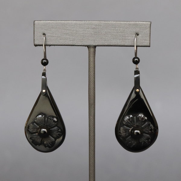 Antique Victorian era Whitby jet drop earrings with flower applique and French jet accents