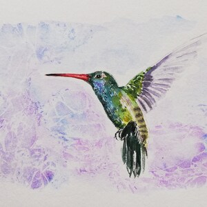 Original watercolour illustration of a little hummingbird in flight, with textured background. Lovely gift idea for anyone who loves birds.