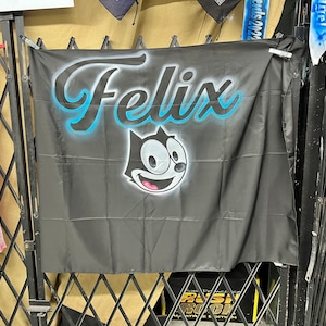 3 x 5’ custom airbrush Felix, the cat tapestry banner