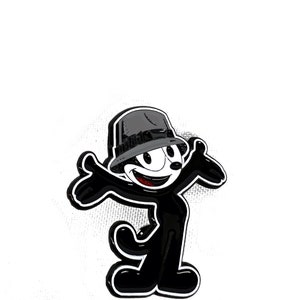 May include: A black and white cartoon cat wearing a gray fedora hat with a white band. The cat is smiling and has its arms outstretched. The cat is standing on a white background.