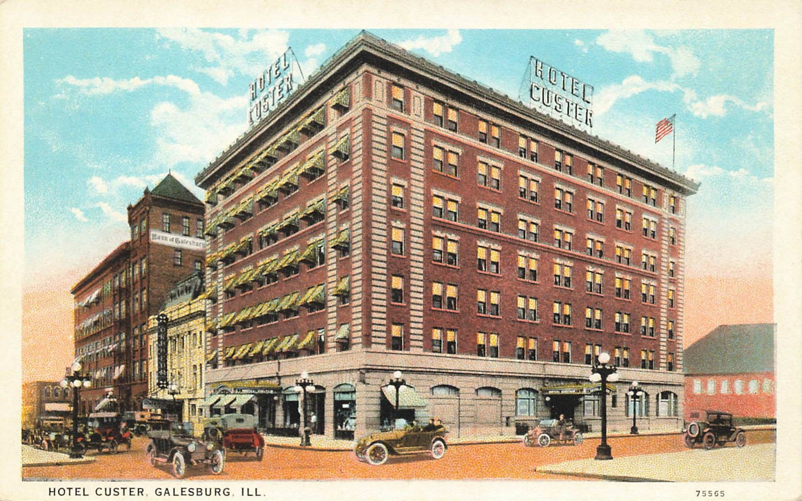 Vintage Illinois Postcard Galesburg Hotel Custer With Automobiles Out