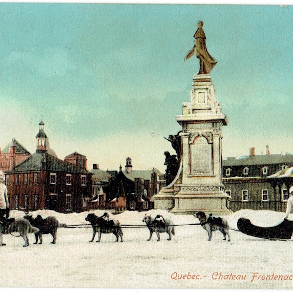 Quebec Postcard Dog Sled Team In Front Of Chateau Frontenac