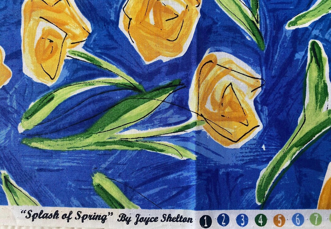 Splash of Spring – Floral Cotton Fabric, Yellow Flowers, Blue ...