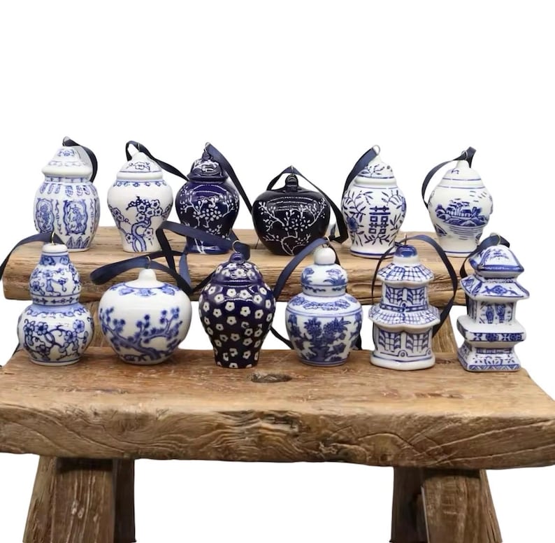 Blue & White Chinoiserie Ceramic Ornaments - Set of 12 image 1