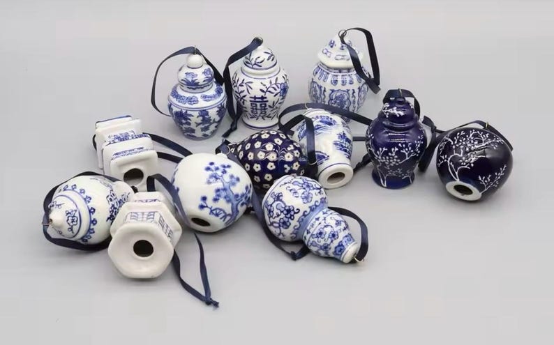 Blue & White Chinoiserie Ceramic Ornaments - Set of 12 image 2