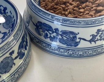 Blue & White Ceramic Pet Bowl: Chinoiserie Floral Dog Cat Bowl
