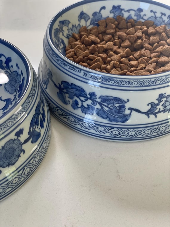 Blue & White Ceramic Pet Bowl: Chinoiserie Floral Dog Cat Bowl
