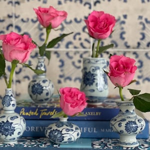 FREE SHIPPING: Chinoiserie Ceramic Blue and  White Bud Vase Set