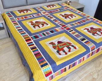 Handmade cotton patch and katha work flat bed sheet bed covers multi colour bed spread camel designs bed cover