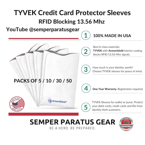 Bulk - TYVEK RFID Blocking 13.56 mHz Sleeves - Free Ship! - Guard against unauthorized Credit Card scanning - 5 / 10 / 30 Pack