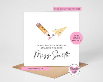Personalised Teacher Thank You Card | End of Term Gift | Classroom Assistant Keepsake | Nursery Reception | No1 Teacher | School Leaver