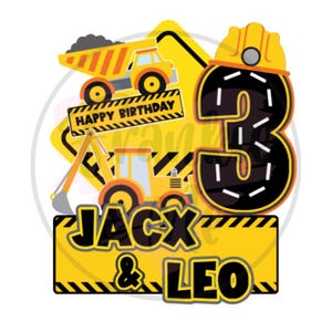 May include: A yellow and black construction themed cake topper with a number 3, two dump trucks, an excavator, and the text "Happy Birthday Jack & Leo".