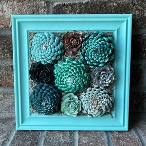 Framed Vertical Succulent Pine Cone Garden, Custom Succulent Wood Frame, Hand Painted Wood Flowers Wall Art Gift, Indoor Wall Planter