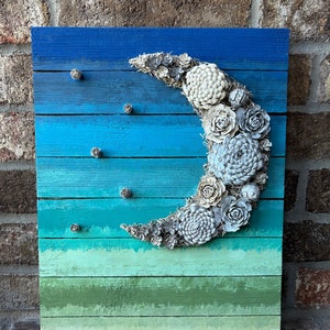 Crescent Moon, Hand Made Pine Cone Succulent Wall Art, Moon Vertical Succulent Garden, Wood Moon Sign, Succulent Moon Planter, Moonrise