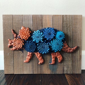 Custom Triceratops Dinosaur, Hand Made Pine Cone Succulent Wall Art, Wood Dinosaur Sign Planter, Dino Decor, Vertical Succulent Garden